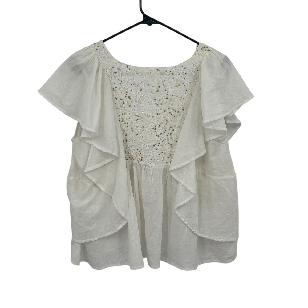 Boho Embroidered Beaded Cotton Blouse M/L Ivory‎ Flutter Sleeve Cottage Romantic - Picture 7 of 9